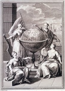 Allegory of the Exploration of the World - i "" Historical Journey of South America gjord av Order of the King of Spain", av Don Georges Juan och Don Antoine de Ulloa, Librairie du Roi, Paris av Unknown artist