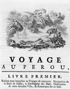 Allegori om "" Resan till Peru "". Illustration i "" Historical Journey of America Meridionale utförd på order av kungen av Spanien"", av Don Georges Juan och Don Antoine de Ulloa, Librairie du Roi, Paris av Unknown artist