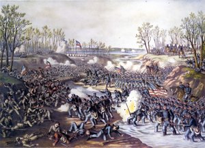 Amerikanska inbördeskriget (1861 - 1865): Slaget vid Shiloh eller Pittsburg Landing (Tennessee) 06-07 april 1862. Gravyr från 1800-talet. av Unknown artist