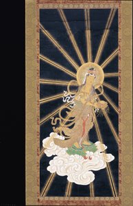 Amitabha (Amida) Triad Descending From Heaven (pigment på konshi (blått rispapper)) av Unknown artist