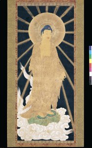 Amitabha (Amida) Triad Descending From Heaven (pigment på konshi (blått rispapper)) av Unknown artist
