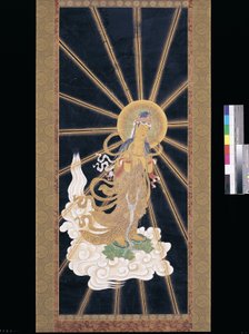 Amitabha (Amida) Triad Descending From Heaven (pigment på konshi (blått rispapper)) av Unknown artist