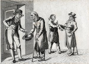 Amone. Tiggare sköter hattar för att rymma mynt. Slutgravyr av 1700-talet. Privat samling. av Unknown artist