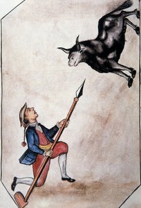 En indian som pekar från sitt spjut till en tjur, från boken "Trujillo of Peru" eller "Codex Martinez Companion", av Baltazar Martinez Companion och Bujanda, biskop av Trujillo (1782-1785) av Unknown artist