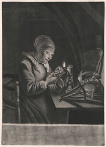En gammal kvinna reparerar hennes spinnhjul av Unknown artist