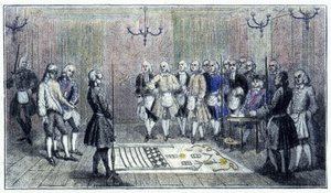 En lärlingsloge i Paris, cirka 1740: denna scen skildrar mottagandet av en "lärling"" frimurare (på golvet målningen av lärlingslogen) - enligt en gravyr från tiden. av Unknown artist