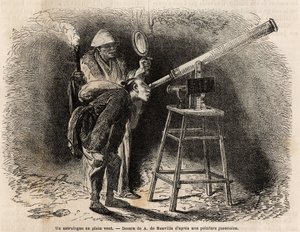 En astrolog söker igenom himlen i det fria med sitt teleskop. Gravyr för att illustrera resan till Japan, 1863-1864, av Aime Humbert, minister för Schweiziska edsförbundet, i "Le tour du monde, nouveau journal des voyages"" publicerad under dir. av Unknown artist