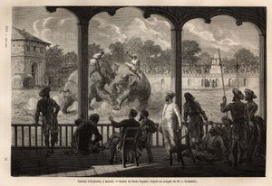 Ett elefantslagsmål i Baroda (eller Vadodara), delstaten Gujarat på Indiens nordöstra kust. Gravyr för att illustrera Rajahernas resa i Indien, av Louis Rousselet, 1864-1868, publicerad i "" Le tour du monde""" 1870-1871, redigerad av Edouard Charto av Unknown artist