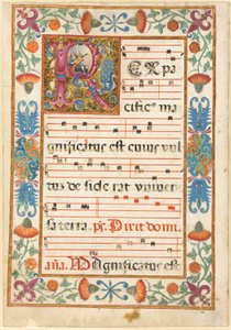 Ängel som spelar ett instrument i en dekorerad initial "R" med flora, fauna och grotesker, från en antifonal av Unknown artist