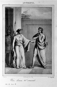 Antigone Akt I, scen 3. Italiensk tragedi av Vittorio Alfieri skriven 1783 efter grekisk mytologi. Gravyr av 1700-talet. av Unknown artist