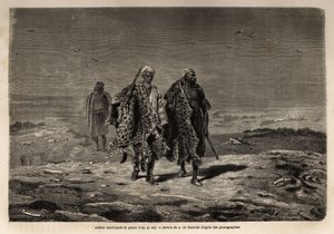 Arabiska beduiner, panterskinns- och fårullshandlare, på väg till Bagdads marsch (Irak). Gravyr för att illustrera resan till Babylon, 1866, av Guillaume Lejean, i "Le tour du monde, nouveau journal des voyages"" publicerad under den förfärliga av Unknown artist