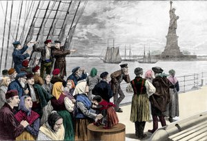 När familjer till emigranter anländer till hamnen i New York, är statyn av frihet synlig. Gravyr från "" Harper