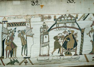 Astrologer rapporterar utseendet på kometen (Halley), pressande av olycka för Harold, knappt kronad kung av England. Detalj av gobelängen av Bayeux eller broderi av drottning Mathilde av Unknown artist