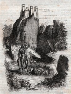 Atlant besegrad av Bradamante - gravyr från 1851 från "" Furious Roland"" av Unknown artist
