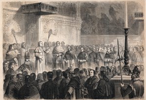 Audiens gavs av påven Pius IX (Pio) (1792-1878) till utländska kyrkliga i Sixtinska kapellet (cappella sistina) i Rom med anledning av firandet av helgonförklaringen av de 26 "martyrerna av Japan", en grupp katoliker som korsfästes i Japan 1597 av Unknown artist