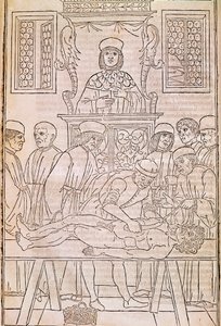 Obduktion. Codice. Kroppen av en död man dissekerar av läkare för en anatomistudie. “” Fasciculus Medicinae””. Codex för en doktors fascikel av Johannes Kethan av Unknown artist