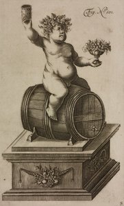Bacchus på tunna, skyltdocka för att skjuta upp fyrverkerier, gravyr från Grand Art d