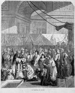 Bapteme of Clovis av Anastase II i katedralen i Reims den 25 december 498 - i "Histoire des popes"", vol. 1, Maurice Lachatre. av Unknown artist