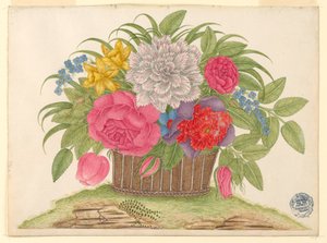 Korg med blommor och löv på jorden av Unknown artist
