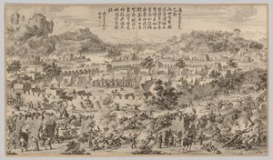 Slaget vid Tunggushi Luke: från Battle Scenes of the Quelling of the Rebellions in the Western Regions, med kejserliga dikter av Unknown artist