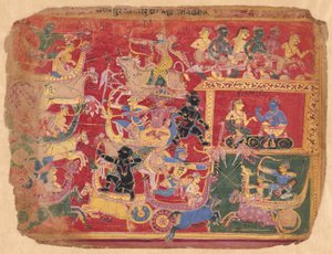Slaget mellan Krishnas och Banas styrkor, från en kopia av den spridda Bhagavat Purana av Unknown artist