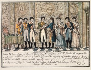 Bayonnes intervju 1808 efter upproret av Aranjuez, där kung Karl IV av Spanien abdikerade tronen till Napoleon I före hans son Ferdinand VII (Fernando VII) av Unknown artist