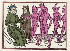 Belials rättegång: "Belial-demonen tillsammans med fyra andra demoner är närvarande för domaren Solomon" "Gravering från "The Belial-rättegången"" av Jacobus de Teramo (eller Palladino), Ausburg av Unknown artist