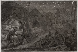 Bibeln från Royaumont, Gamla testamentet: David räddar Saul. David har Saul i sina händer, men han gör honom inte illa. Han tar bara spjutet och sin kopp. Illustration från 1811. av Unknown artist