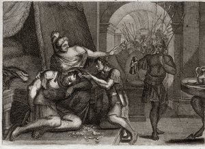 Bible of Royaumont, Gamla testamentet: Simsons död. Samson upptäcker Dalila att hennes styrka fanns i håret. Hon klipper hans hår och för in de filisteiska soldaterna i rummet. Illustration från 1811. av Unknown artist