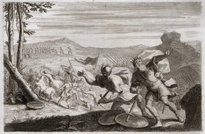 Bibeln från Royaumont, Gamla testamentet: Sauls nederlag. Sauls armé besegrades av filistéerna. Hans tre barn dödades där och efter att ha skadats svårt i strid tog han livet av sig. Illustration från 1811. av Unknown artist