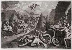 Bibeln från Royaumont, Gamla testamentet: Sanheribs nederlag. Gud besegrade Sanheribs (Sankerib) armé till förmån för kung Hesekia genom en ängel som dödade etthundraåttiofem tusen män på en natt. Illustration från 1811. av Unknown artist