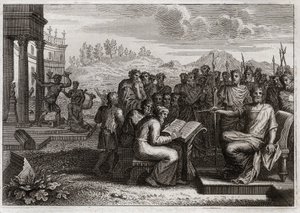 Bibeln från Royaumont, Gamla testamentet: Piete of Josias. Josia, kung av Juda, återupprättar tillbedjan av Gud i sitt rike och förpassar alla kungar sina föregångare i kraft. Illustration från 1811. av Unknown artist