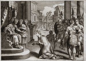 Bibeln från Royaumont, Gamla testamentet: Amans straff. Assuerus I (Xerxes I) hänger Aman (Haman) från galgen som han hade förberett för Mardochee (eller Mordekhai eller Mordokai), och drar tillbaka Dödsredigeringen som han hade publicerat i hela sitt rike av Unknown artist