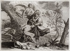 Bibeln från Royaumont, Gamla testamentet: Abrahams offer. En ängel håller Abrahams hand innan hans son Isaks offer. Till vänster kommer den belier Abraham att döda istället. Illustration från 1811. av Unknown artist