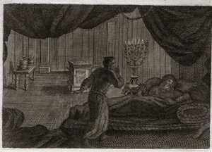 Bibeln från Royaumont, Gamla testamentet: Samuel ger Heli. Anne (Hanna) helgade den lille Samuel till Herren och gav den till översteprästen Heli. Samuel, som hör Herrens röst ropa på honom mitt i natten, tror att detta är hans mentor, c. av Unknown artist