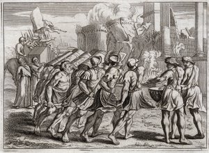 Bibeln från Royaumont, Gamla testamentet: Tagen från Jeriko. Jerikos murar faller till marken till ljudet av basunerna från de präster som föregick Herrens förbundsark. Illustration från 1811. av Unknown artist