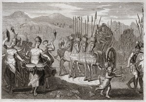Bibeln från Royaumont, Gamla testamentet: Davids triumf. Efter att David besegrat jätten Goliat gick Israels kvinnor före honom för att hedra hans triumf, med jubel av glädje och ljudet av instrument. Illustration från 1811. av Unknown artist