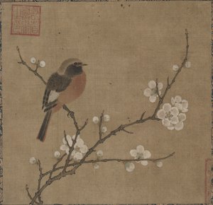 Fågel på en blommande gren av Unknown artist