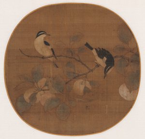 Fåglar på en persikagren av Unknown artist