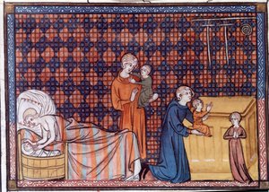 Födelse och utbildning av kungen av Frankrike Ludvig IX eller Saint Louis (1214-1270). Miniatyr från manuskriptet "Life and Miracles of Saint Louis" av William av Saint Pathus av Unknown artist