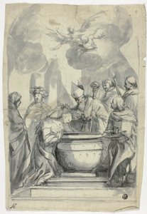 Biskop smörjer kvinnlig helgon av Unknown artist