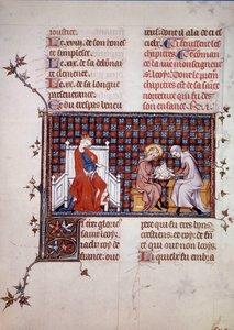 Blanche de Castille, Frankrikes drottning (1188-1252), leder utbildningen av sin son Ludvig IX (1214-1270) (Saint Louis Miniature från ett manuskript "Life and Miracles of Saint Louis" av William of Saint Pathus. 1320. Paris , B.N. av Unknown artist