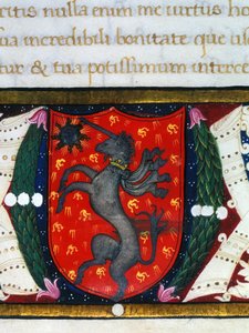 Blazon dekorerar en enhörning, en stjärna på en röd bakgrund. Detalj av en miniatyr. 1300-talet av Unknown artist