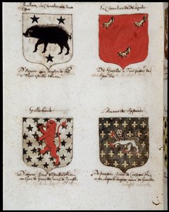 Blazoner av riddare av det runda bordet: 1. Brallain, riddaren med två gungor, 2. Riddaren av Norgales, 3. Gallehault, 4. Amoraten av Lystenois. sd. 1800-talet. av Unknown artist