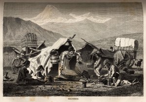 Bohemiskt läger. Gravyr för att illustrera resan i provinserna i Kaukasus, av Basile Vereschaguine, 1864-1865, publicerad i "" Le tour du monde, nouveau journal des voyages", redigerad av Edouard Charton av Unknown artist