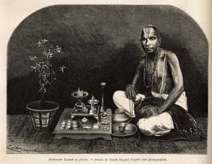 Brahmane knäböjer framför offeraltaret och ber. Gravyr för att illustrera resan i Indiens meridionalprovinser, av Alfred Grandidier, 1862-1864, publicerad i "" le tour du monde", redigerad av Edouard Charton, Hachette, Paris 1869.Selva C av Unknown artist