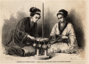 Flätare av sidensnören, i deras verkstad i Yedo (eller Edo, dagens Tokyo); dessa flätor är mycket förlängda eftersom de används för att arrangera och underhålla militära och civila kostymer (japanerna ignorerar knappen och klämman för att knyta kläderna).  av Unknown artist