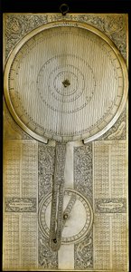 Mässingsinstrument känt som "Jovilabe" (Jovilabium) projicerat efter studier av Jupiters satellitperioder av astronomen Galileo Galilei (Galilee) (1564-1642) runt 1610. 1650-1700 Florens, Istituto e Museo di Storia delle Scienze. av Unknown artist