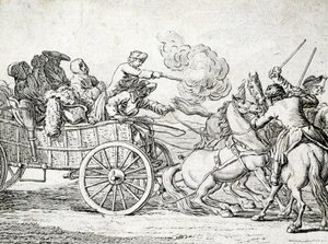Brigander attackerar passagerare på en vagn. Gravyr av en anonym 1700-tal. av Unknown artist
