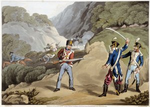 Brittisk soldat tillfångatog två franska officerare i slaget vid Pyrenéerna - i "Historiska, militära och sjöanekdoter..." av Edward Orme av Unknown artist